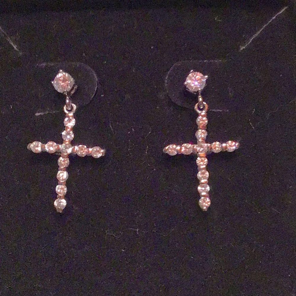 New Petite Cross Dangle Earrings.Sterling silver,rhodium plated, clear CZ’s,